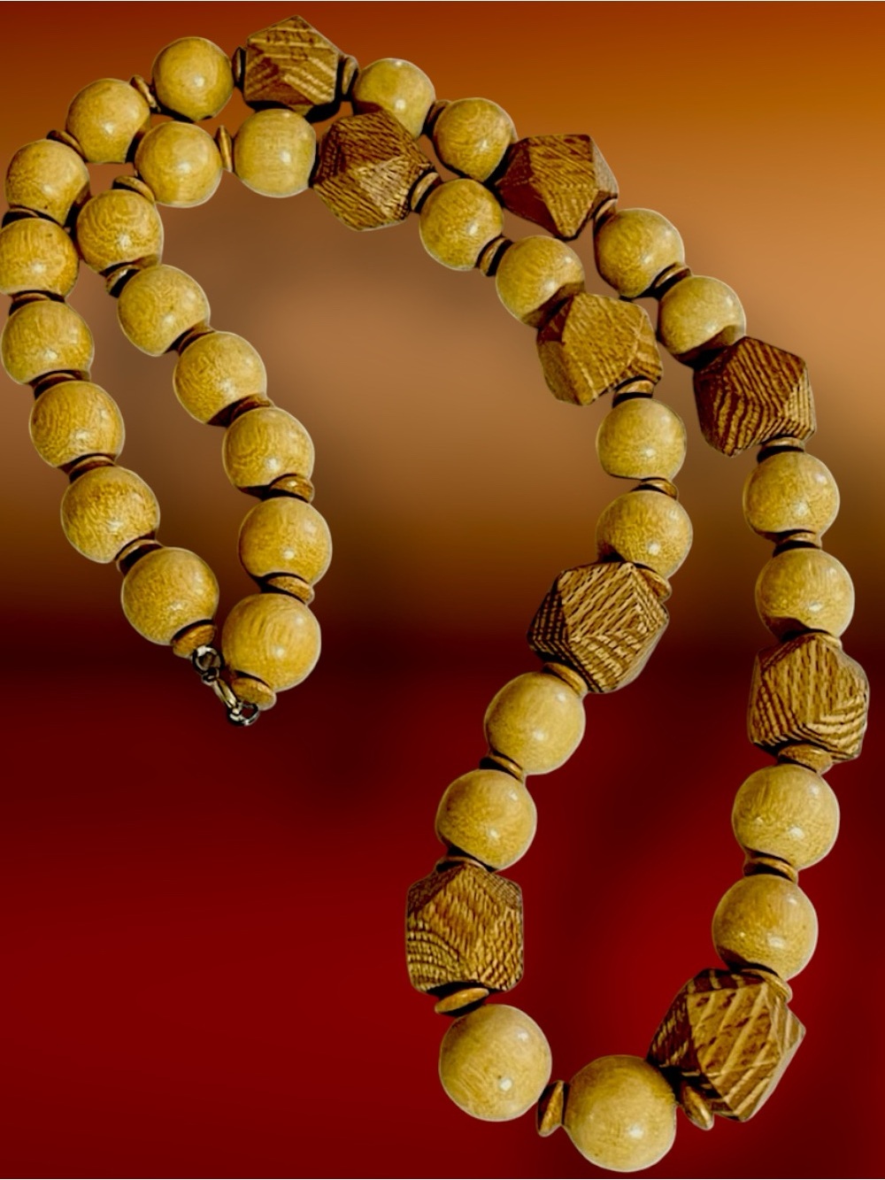 Vintage Chunky Boho Light Wood Bead Statement Necklace